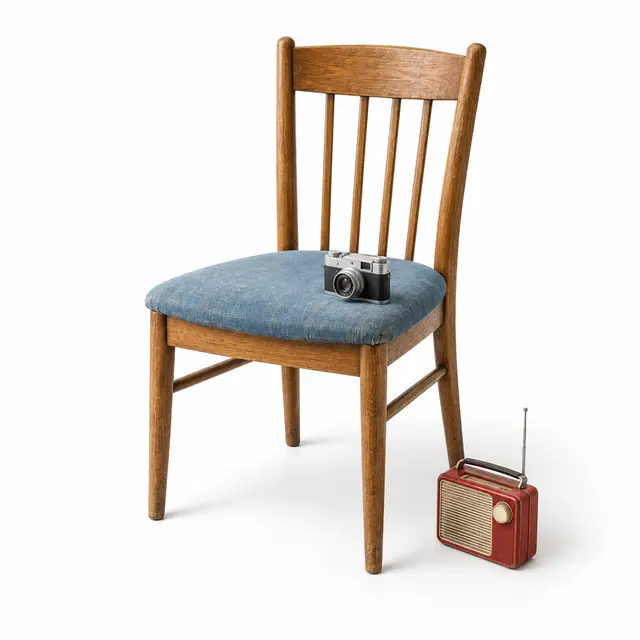 AI concept scene with a wooden chair, camera and portable radio.